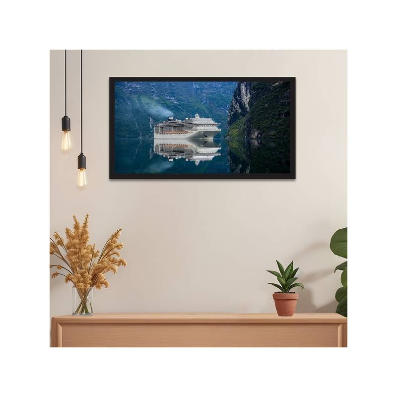 Dekorstation Beautiful Cruise Ship In Sea With Mountains Canvas Painting (12x24 inches)