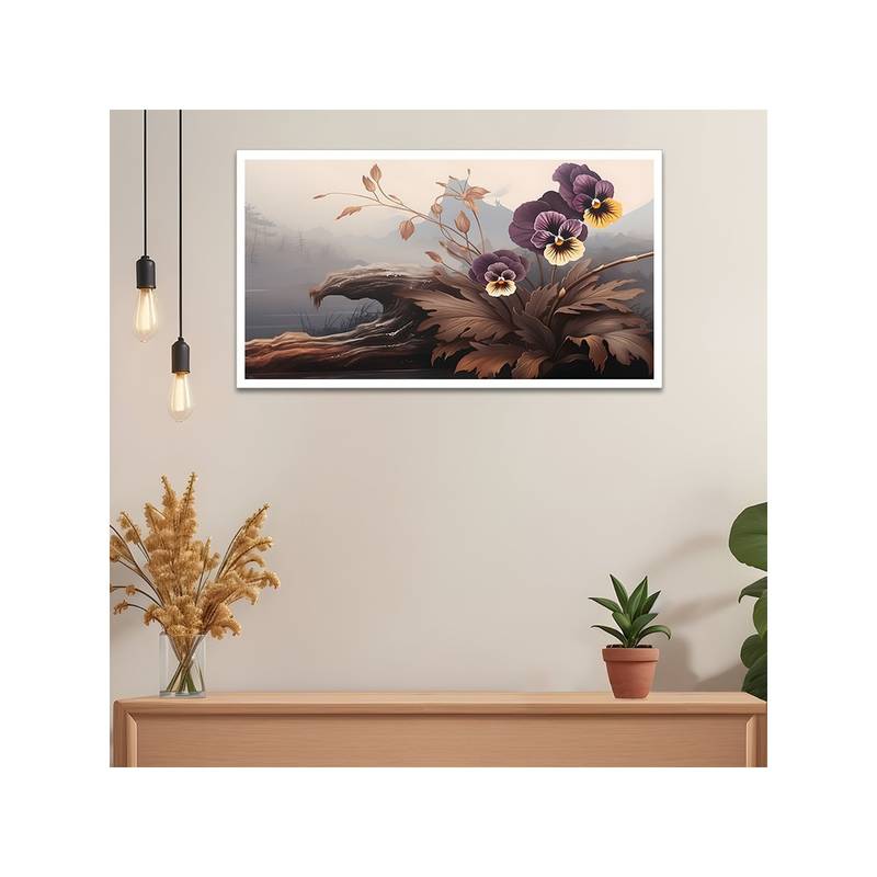 Dekorstation Moody Floral Landscape With Pansies And Misty Mountains Canvas Painting (12x24 inches)