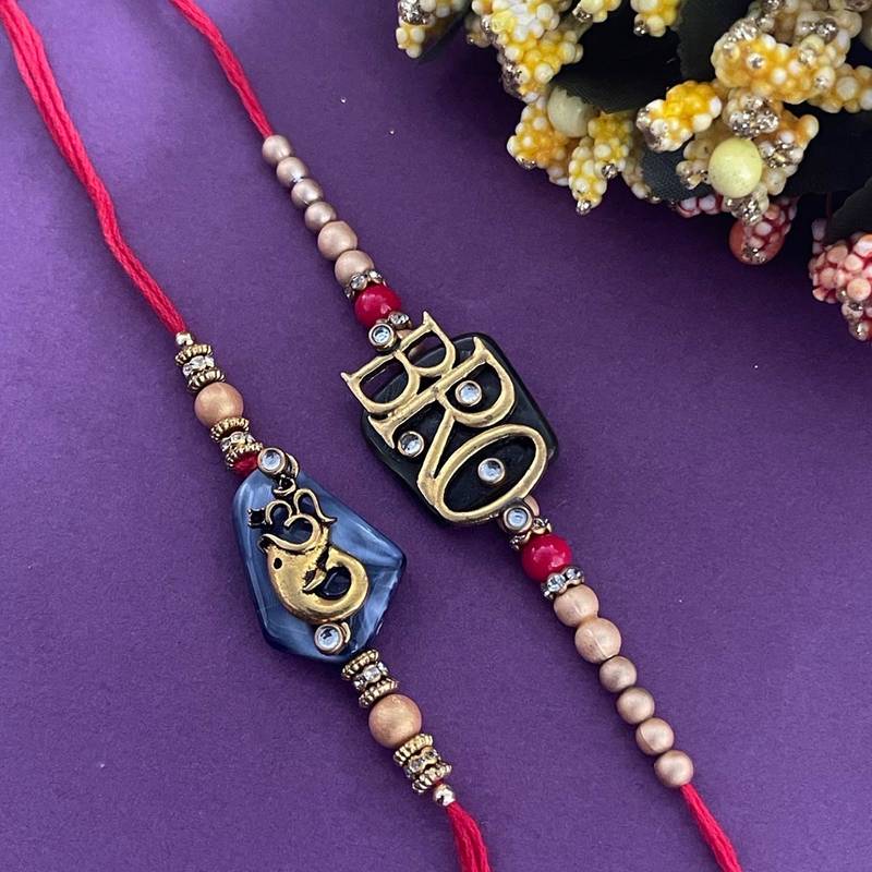 Buy Digital Dress Room Fancy GreenBlue Marble BroLord GaneshaOm Beads Red Thread Rakhi (Pack of 2) Online