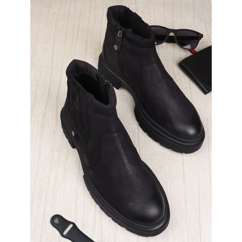 EZOK Men Black Solid Pattern Leather Chelsea boots (UK 9)