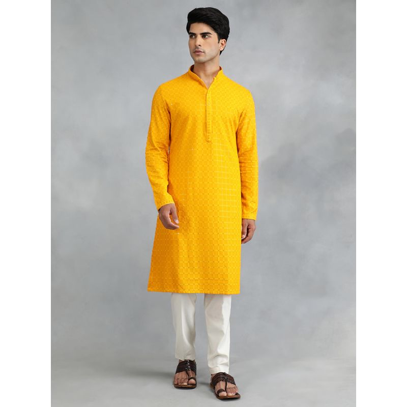 THE KURTA COMPANY Bright Yellow Cotton Blend Embroidered Kurta (42)