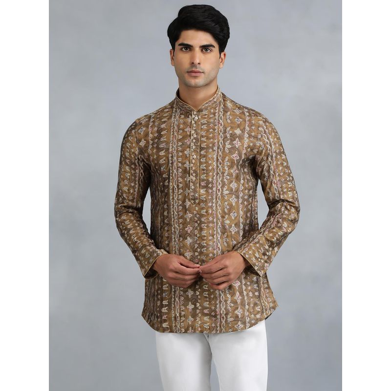 THE KURTA COMPANY Brown Silk Blend Printed Short Kurta (40)