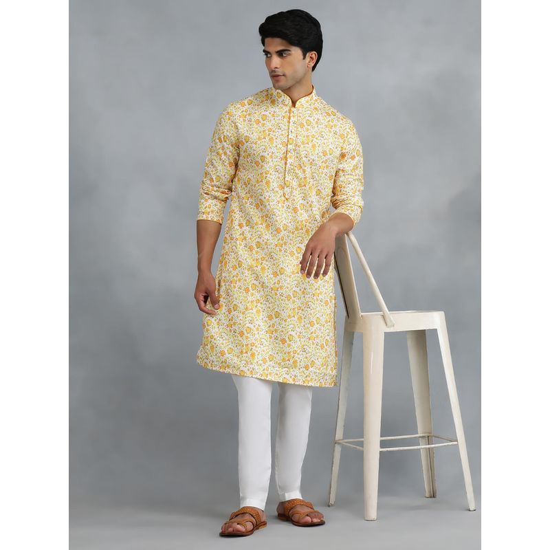 THE KURTA COMPANY Yellow Cotton Blend Floral Printed Kurta (38)