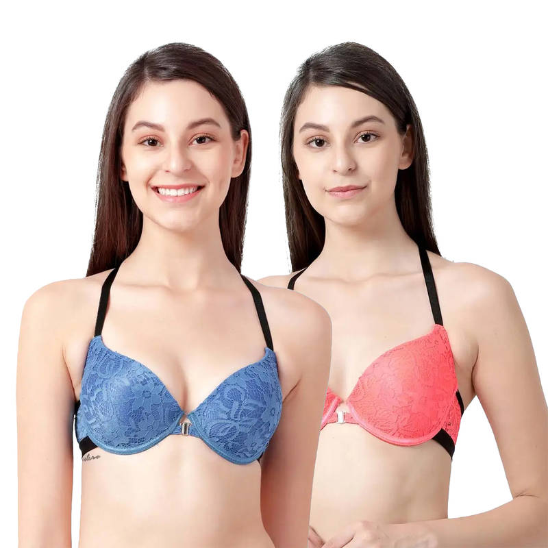 Shyaway Susie Demi-Coverage Under wired Front Open Pushup Padded Bra - Multicolor(Pack of 2) (32D)