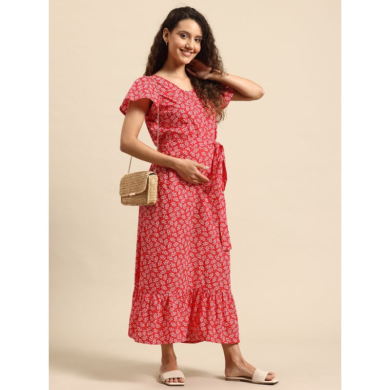Blush9 Maternity Red Concealed Zip Maternity And Nursing Dress (M)