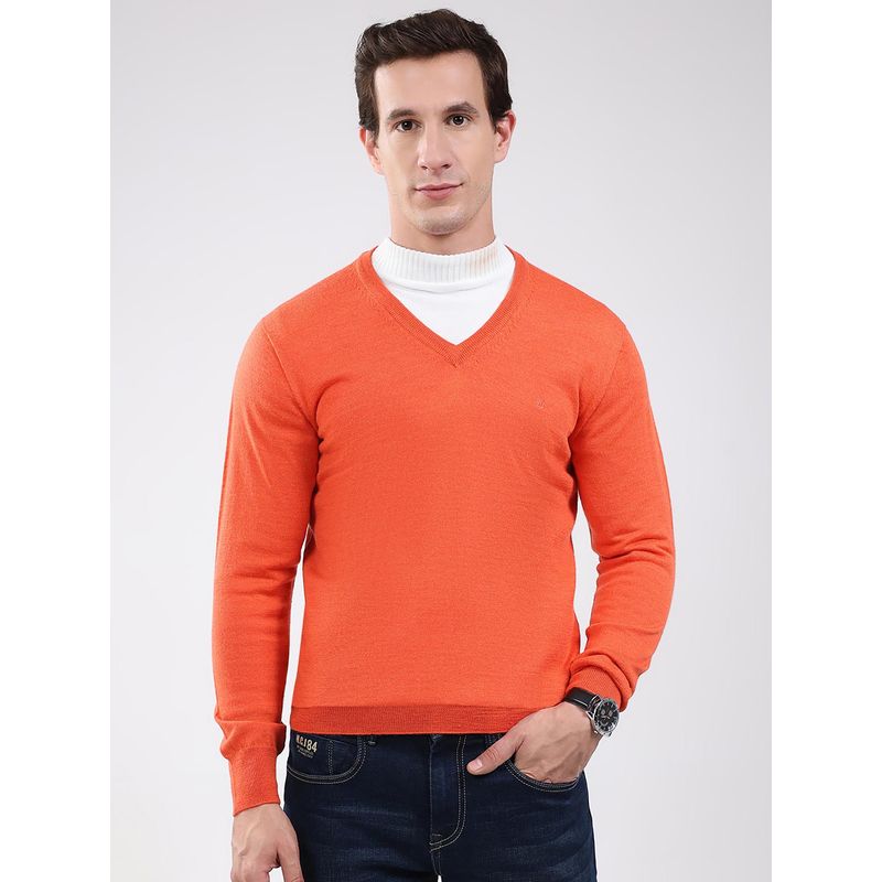 Monte Carlo Men Orange V-Neck Full Sleeve Sweater (M)