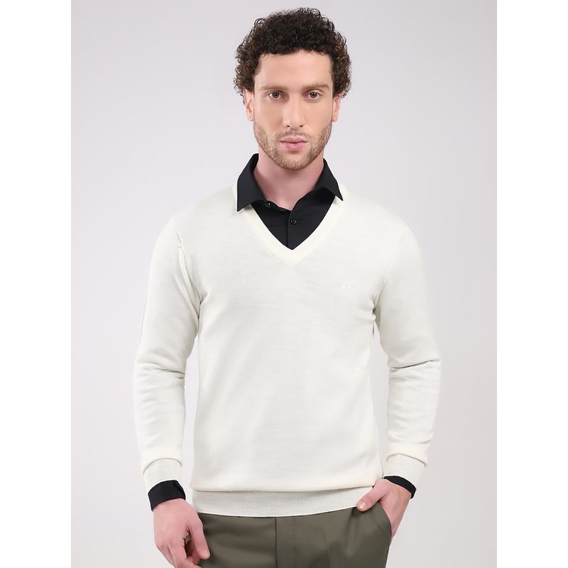 Monte Carlo Men White V Neck Full Sleeve Sweater (L)