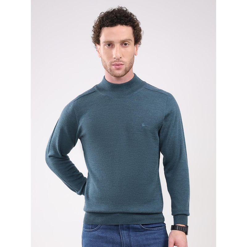 Monte Carlo Men Teal High Neck Full Sleeve Sweater (M)