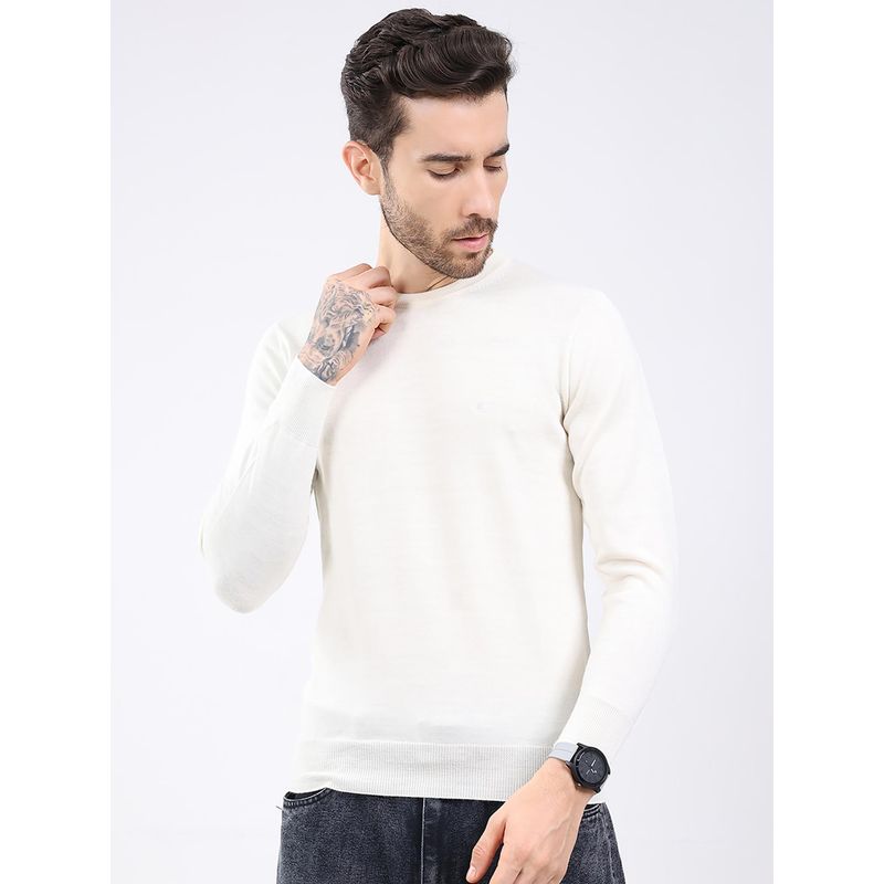Monte Carlo Men White Round Neck Full Sleeve Sweater (M)
