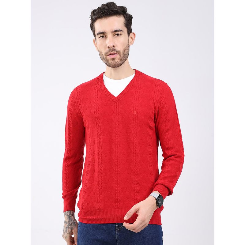 Monte Carlo Men Red V Neck Full Sleeve Sweater (M)