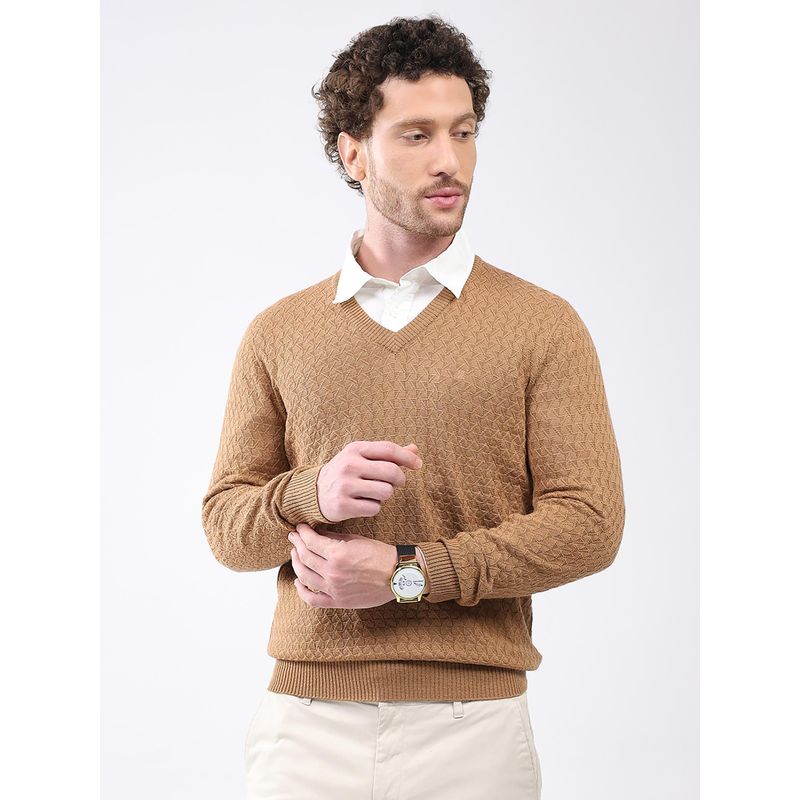 Monte Carlo Men Brown V Neck Full Sleeve Sweater (M)