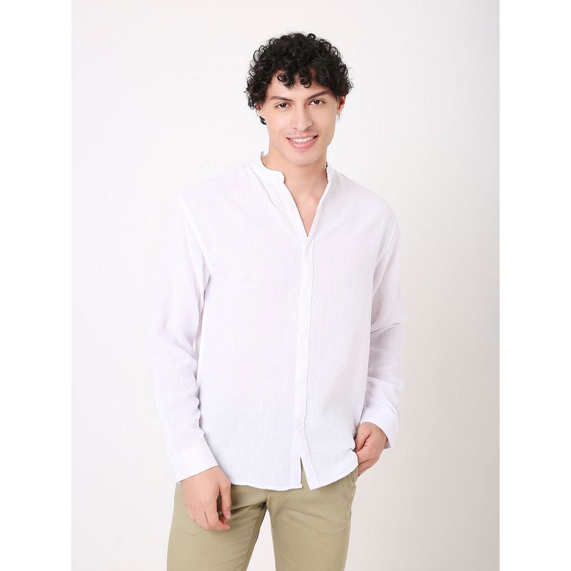 BLNK Premium Linen Blend Mandarin Collar White Shirt (XL)