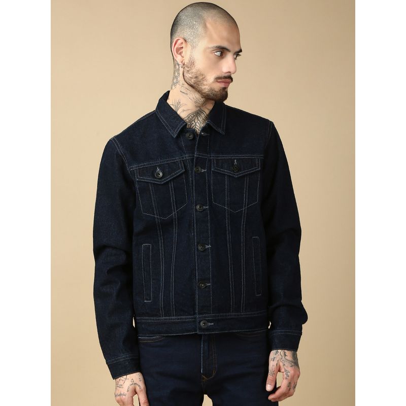 necked Men Navy Blue Pure Cotton Classic Trucker Jacket (S)
