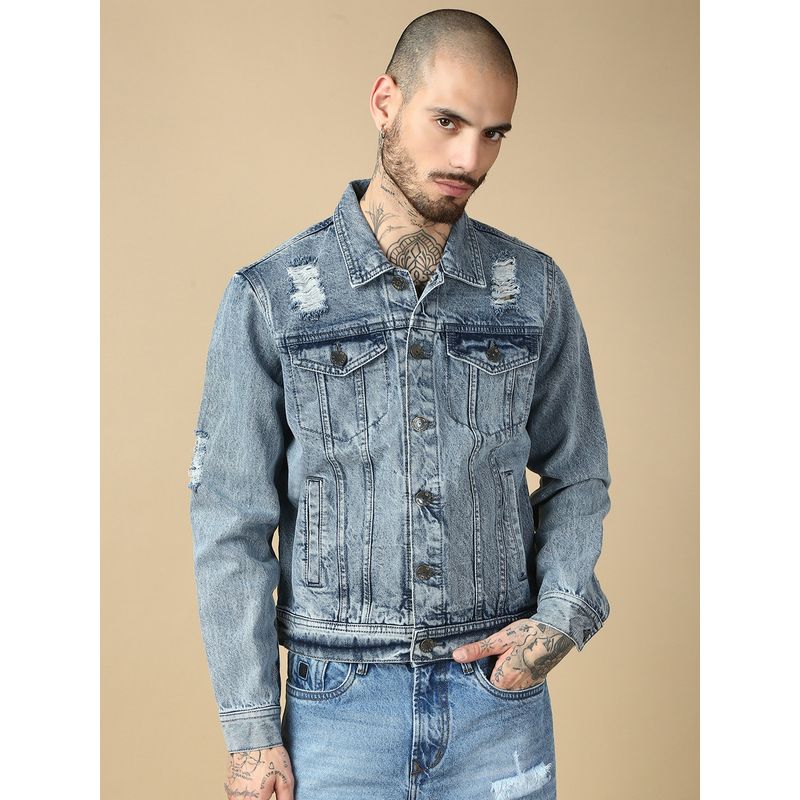 necked Men Blue Pure Cotton Classic Trucker Jacket (S)