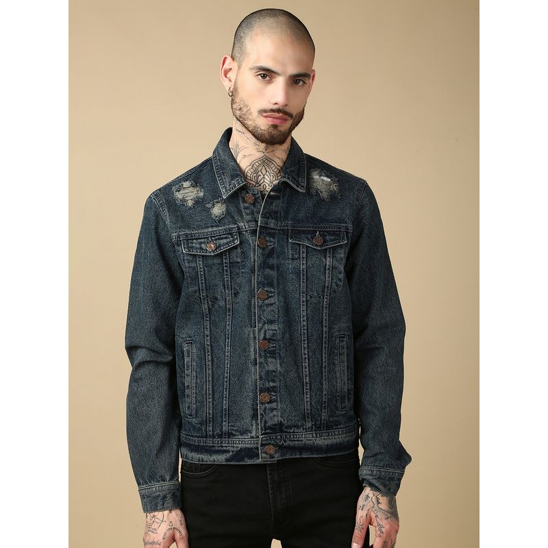 necked Blue Men Pure Cotton Classic Trucker Jacket (M)