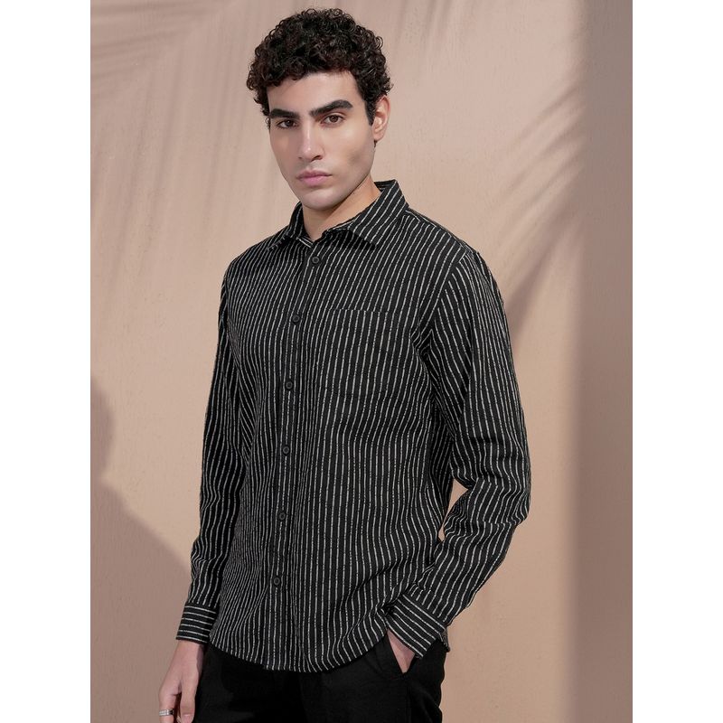 LOCOMOTIVE Premium Men Black Striped Casual Slim Fit Shirt (M)