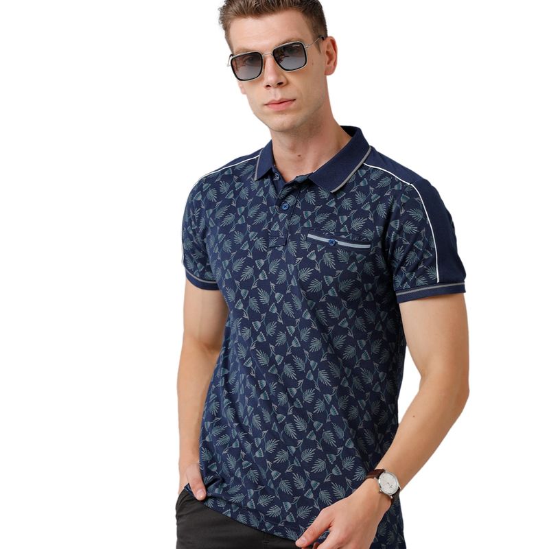 CP BRO Mens Cotton Printed Half Sleeve Slim Fit Polo Neck Navy Color T-Shirt (L)