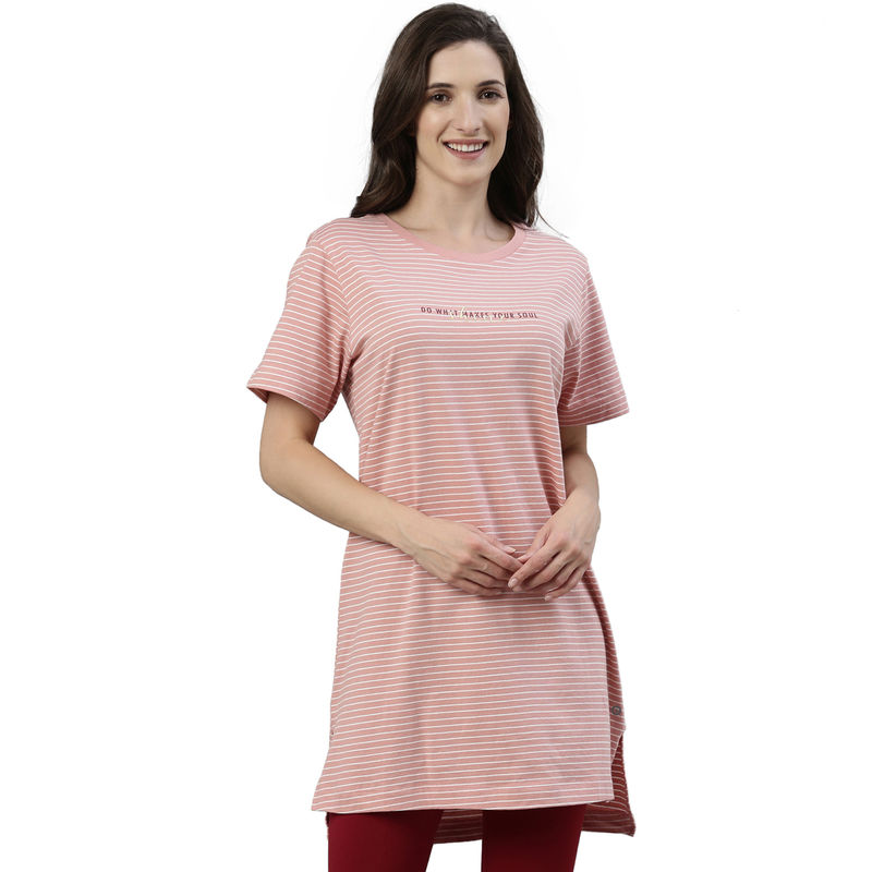 Enamor Essentials Womens Ea61-Crew Neck Striped Tunic Tee With Side Slit-Rouge - Pink (L)