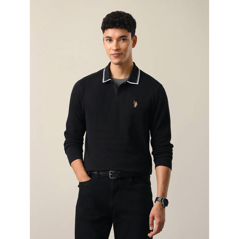 U.S. Polo Assn. Denim Co. Black Cotton Solid/Plain Collar Neck Polo T-Shirt (L)
