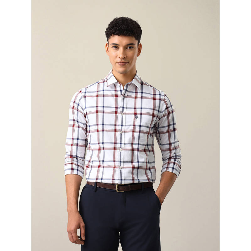 U.S. POLO ASSN. White Cotton Checks Collar Neck Shirt (42)