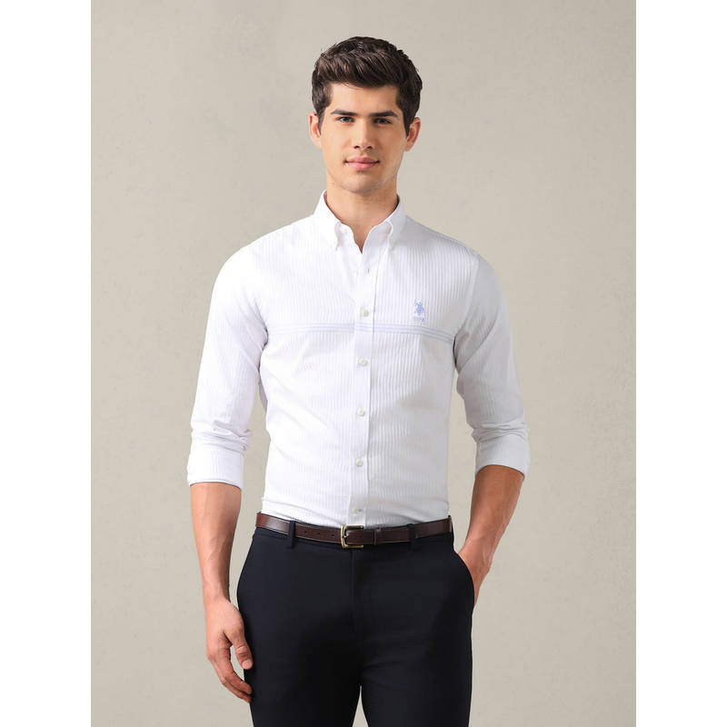 U.S. POLO ASSN. White Cotton Stripes Collar Neck Shirt (40)