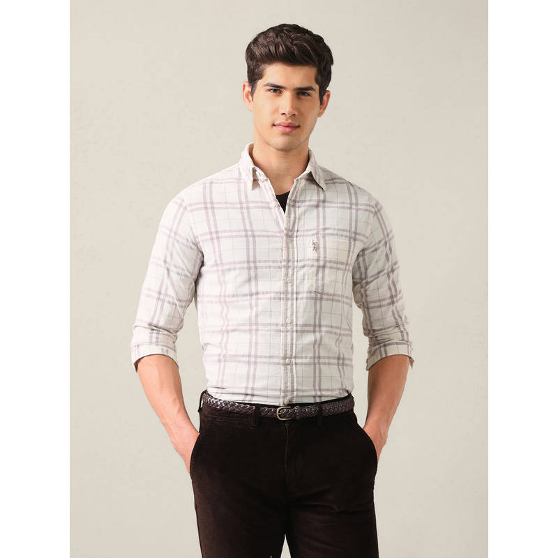 U.S. POLO ASSN. Ivory Cotton Checks Collar Neck Shirt (42)