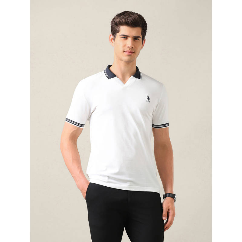 U.S. POLO ASSN. White Cotton Solid/Plain Collar Neck Polo T-Shirt (L)
