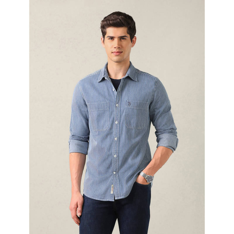U.S. Polo Assn. Denim Co. Indigo Cotton Stripes Collar Neck Shirt (44)