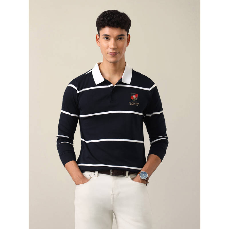 U.S. POLO ASSN. Navy Blue Cotton Stripes Collar Neck Polo T-Shirt (S)