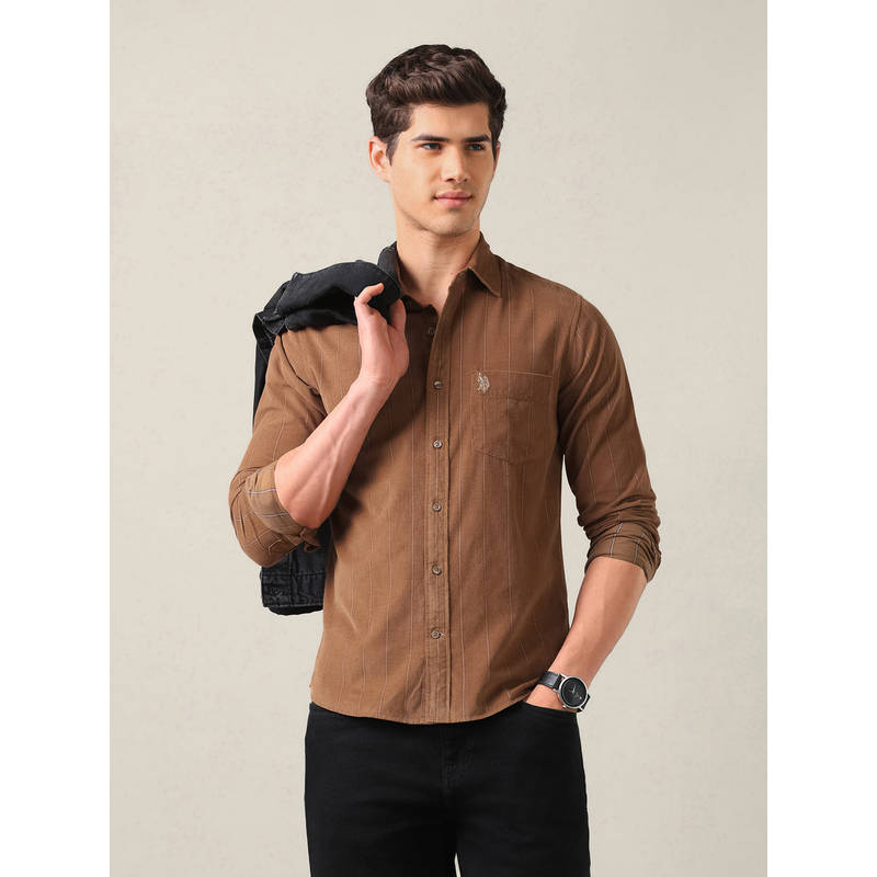 U.S. POLO ASSN. Rust Cotton Stripes Collar Neck Shirt (42)