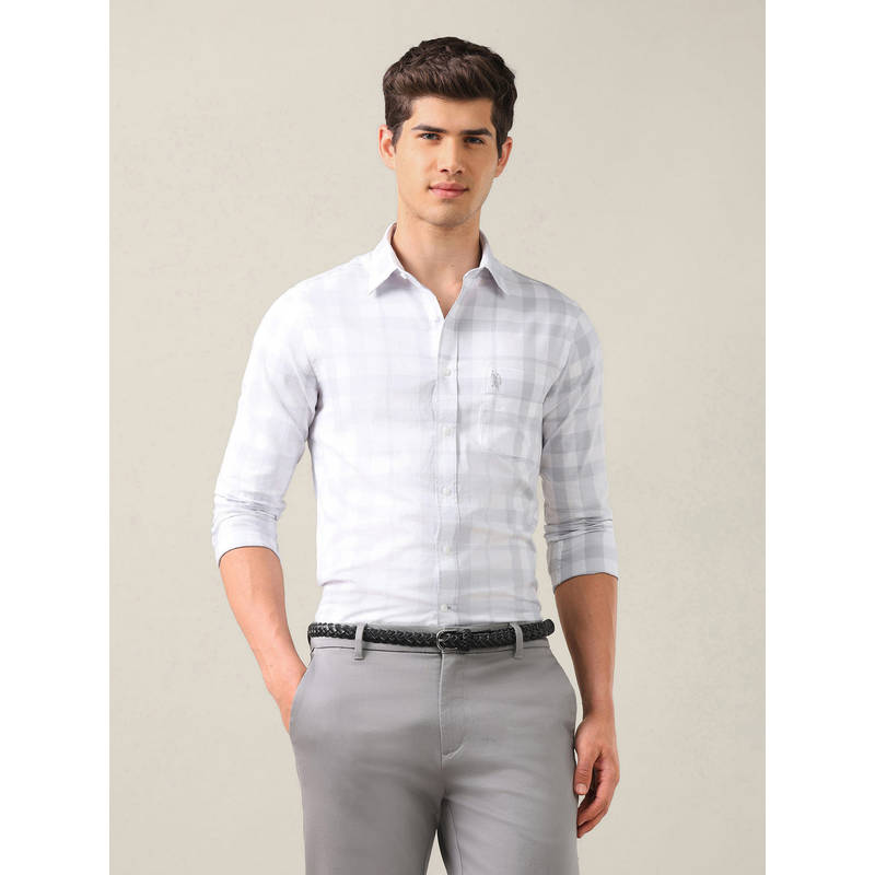 U.S. POLO ASSN. Grey Cotton Checks Collar Neck Shirt (42)