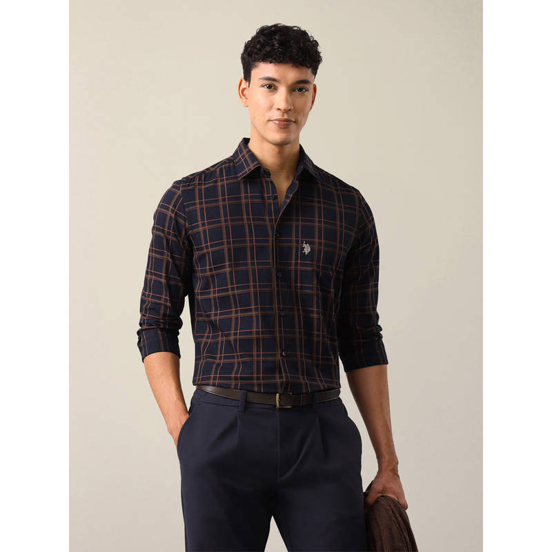 U.S. POLO ASSN. Navy Blue Cotton Checks Collar Neck Shirt (42)