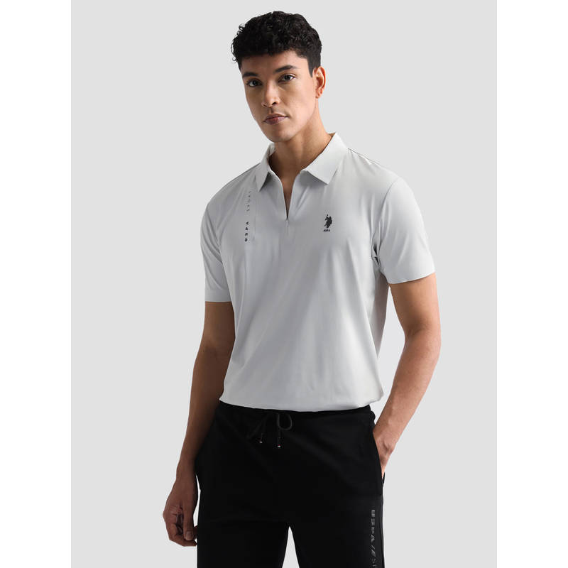 U.S. POLO ASSN. Grey Nylon Solid/Plain Collar Neck Polo T-Shirt (L)