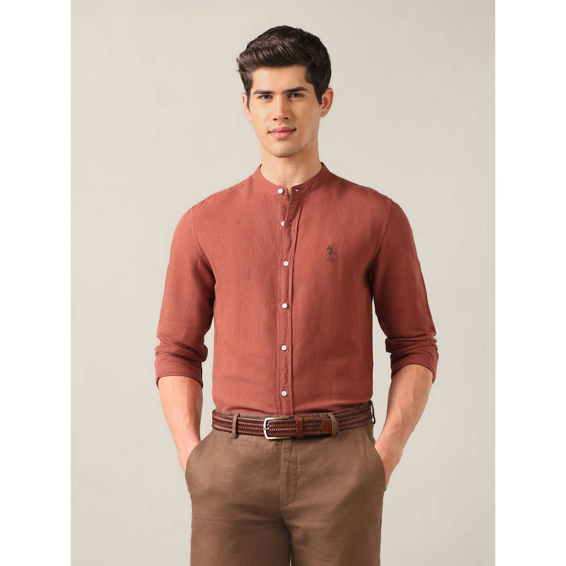 U.S. Polo Assn. Denim Co. Rust Linen Blend Solid/Plain Mandarin Neck Shirt (42)