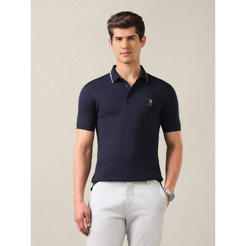 U.S. POLO ASSN. Navy Blue Rayon Solid/Plain Collar Neck Polo T-Shirt (L)