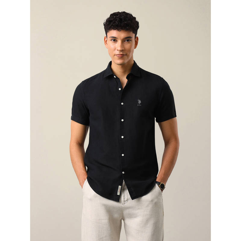 U.S. Polo Assn. Denim Co. Black Linen Blend Solid/Plain Collar Neck Shirt (42)