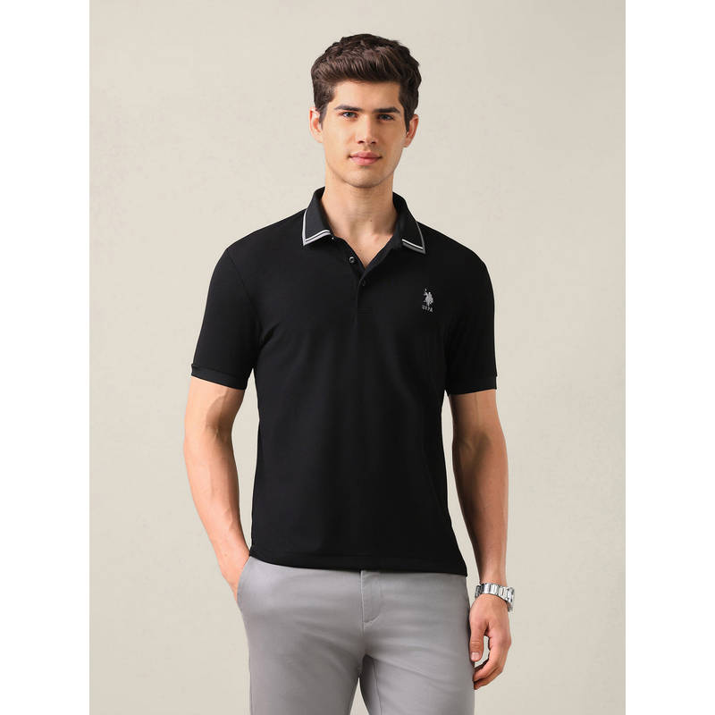U.S. POLO ASSN. Black Nylon Solid/Plain Collar Neck Polo T-Shirt (L)