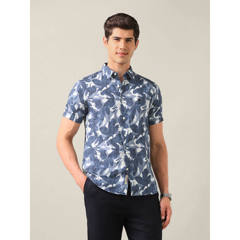 U.S. Polo Assn. Denim Co. Blue Cotton Linen Floral Collar Neck Shirt (42)
