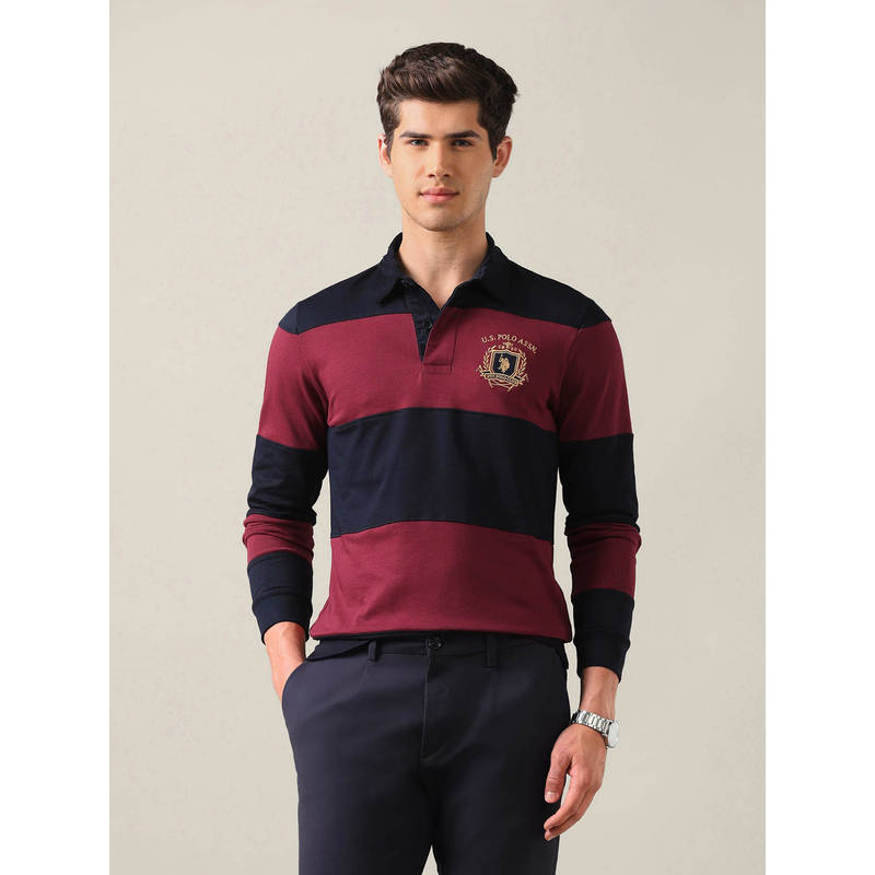 U.S. POLO ASSN. Maroon Cotton Stripes Collar Neck Polo T-Shirt (L)