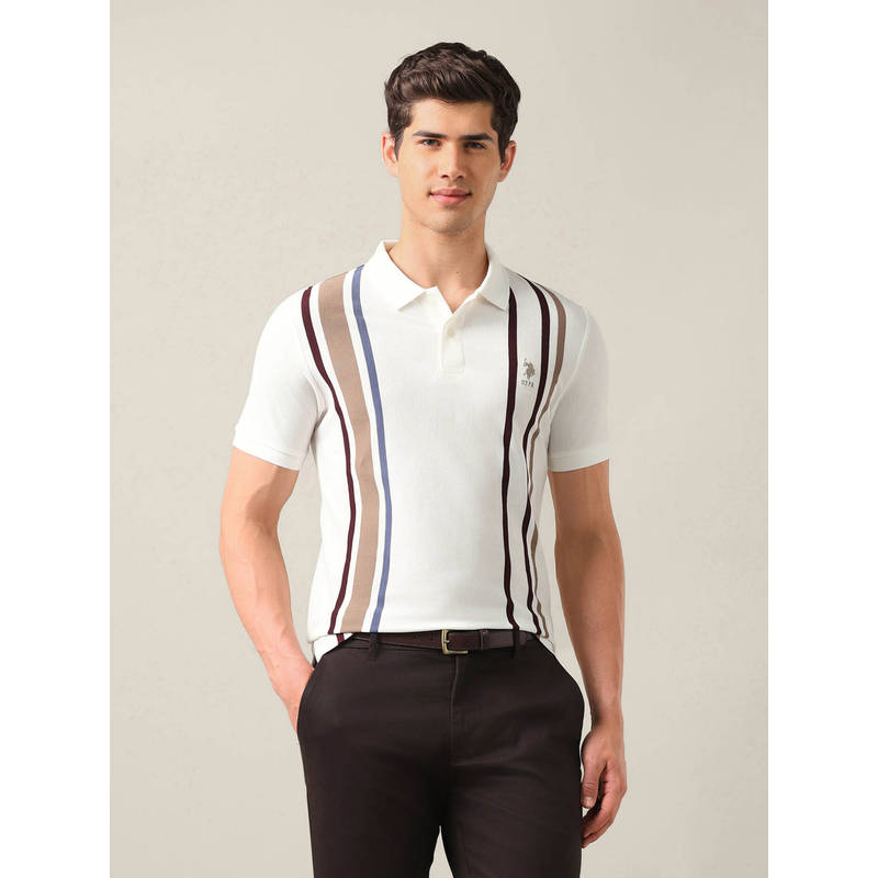 U.S. POLO ASSN. Off White Cotton Stripes Collar Neck Polo T-Shirt (L)