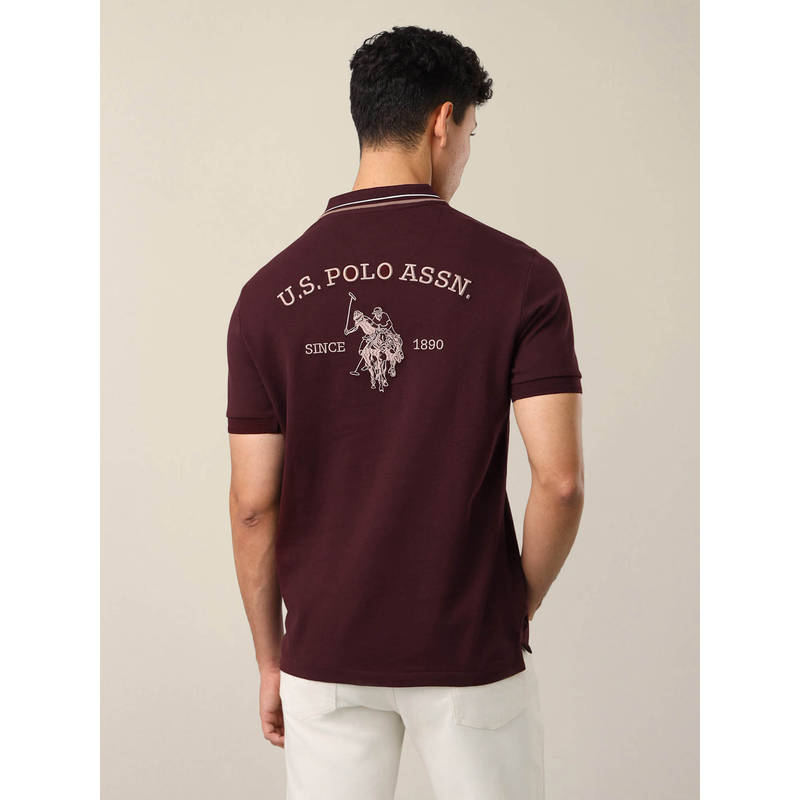 U.S. POLO ASSN. Wine Cotton Embroidered Collar Neck Polo T-Shirt (L)
