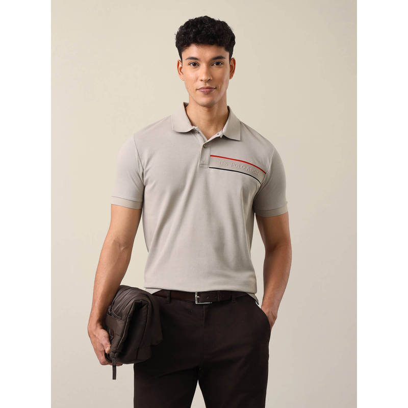 U.S. POLO ASSN. Grey Cotton Solid/Plain Collar Neck Polo T-Shirt (L)