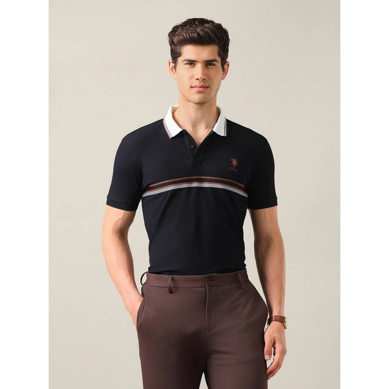 U.S. POLO ASSN. Navy Blue Cotton Solid/Plain Collar Neck Polo T-Shirt (L)