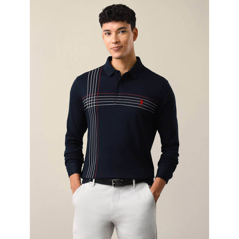 U.S. POLO ASSN. Navy Blue Cotton Stripes Collar Neck Polo T-Shirt (3XL)