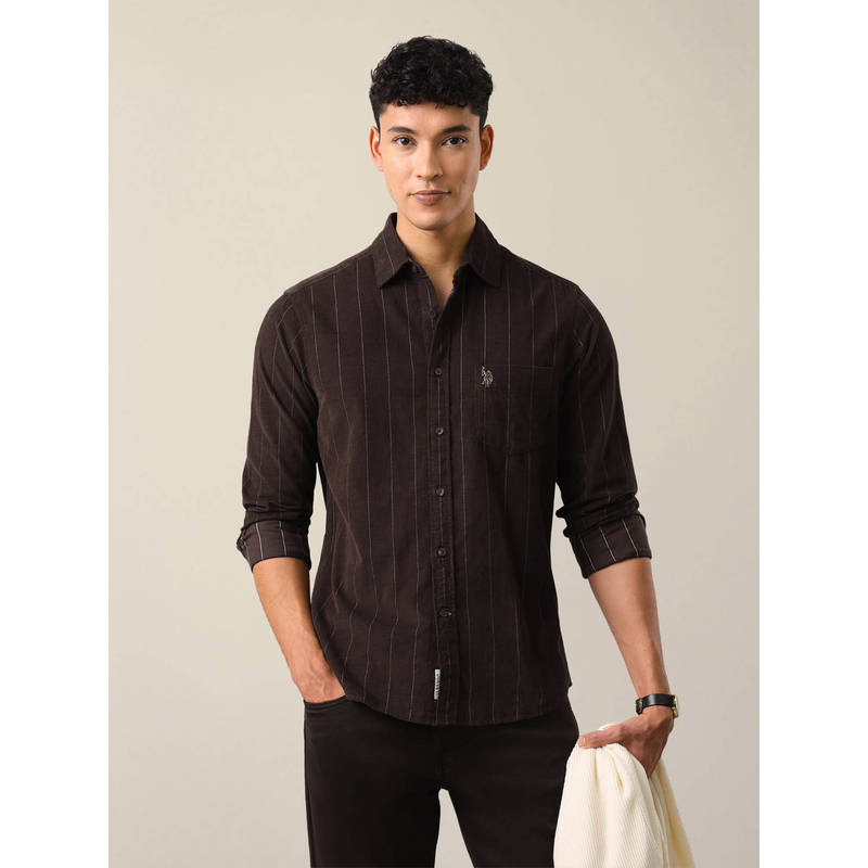 U.S. POLO ASSN. Brown Cotton Stripes Collar Neck Shirt (42)