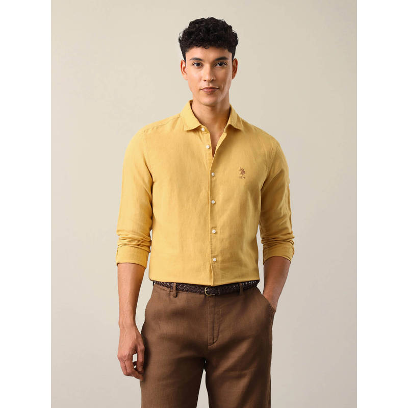 U.S. Polo Assn. Denim Co. Mustard Linen Blend Solid/Plain Collar Neck Shirt (42)