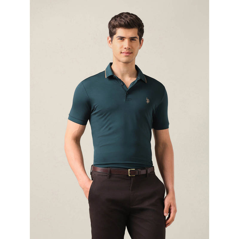 U.S. POLO ASSN. Green Rayon Solid/Plain Collar Neck Polo T-Shirt (L)