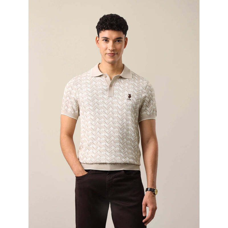 U.S. POLO ASSN. Beige Cotton Geometric Collar Neck Polo T-Shirt (L)