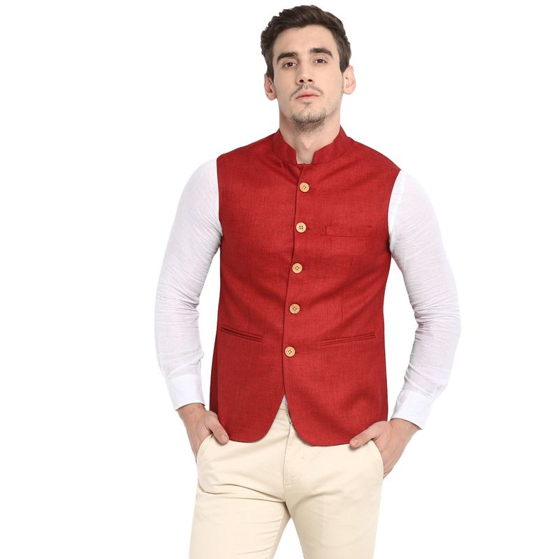 Red Tape Solid Men Maroon Nehru Jacket (L)