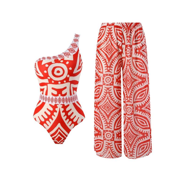 Addery Retro Red Asymmetrical Monokini with Pant (Set of 2) (S)